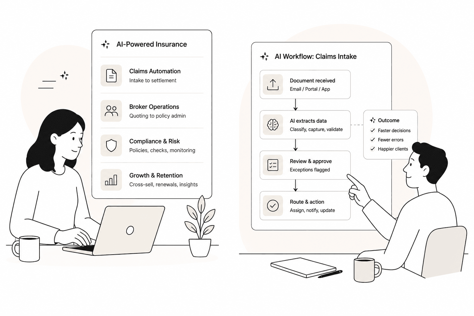 Illustration of AI-powered insurance workflows moving from intake to review and routing