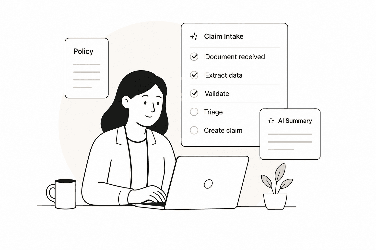 Illustration of an AI-assisted claim intake checklist and summary workflow